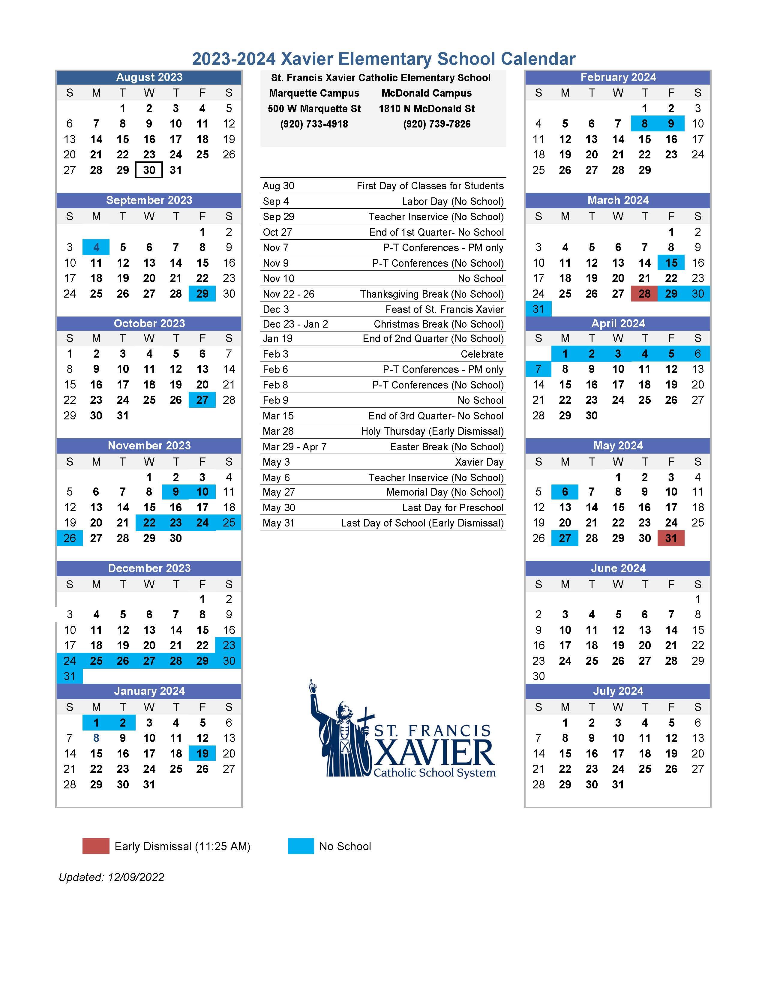 Xavier Elementary 2023-2024 Academic Calendar