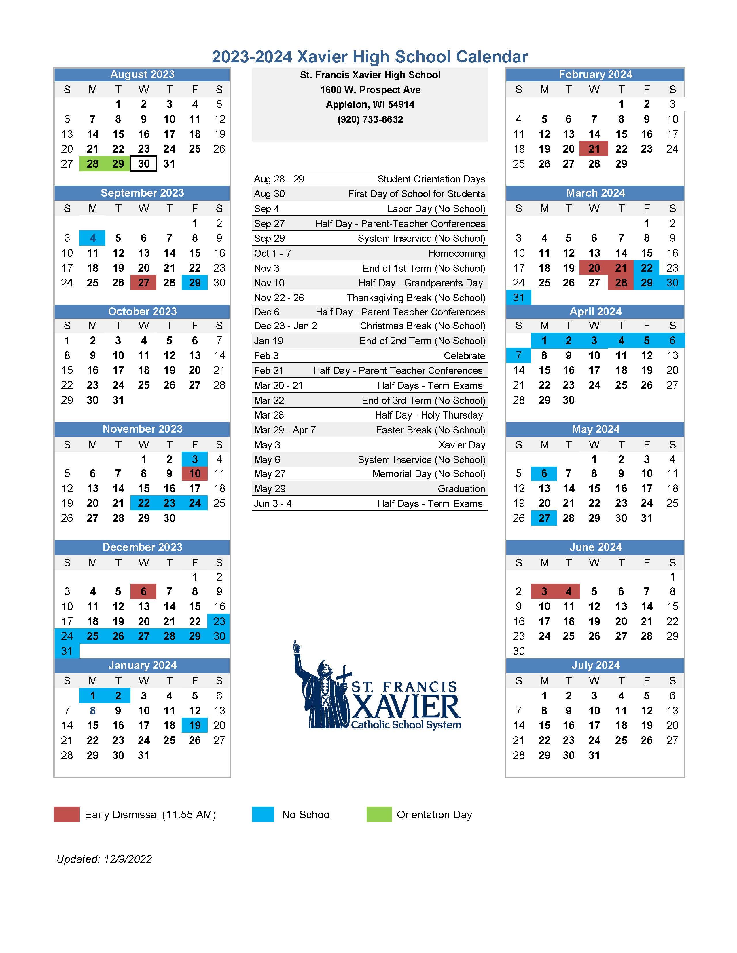 Xavier High School 2023-2024 Academic Calendar
