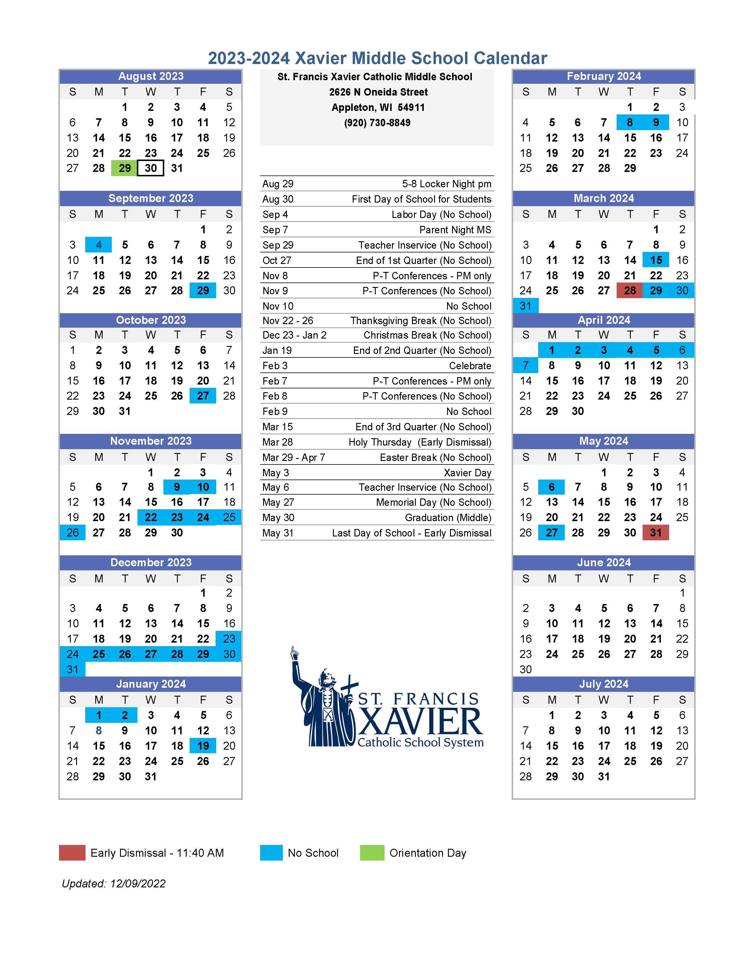 Xavier Middle School 2023-2024 Academic Calendar