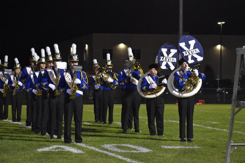 Xavier High School band playing at Homecoming on Rocky Bleier Field
